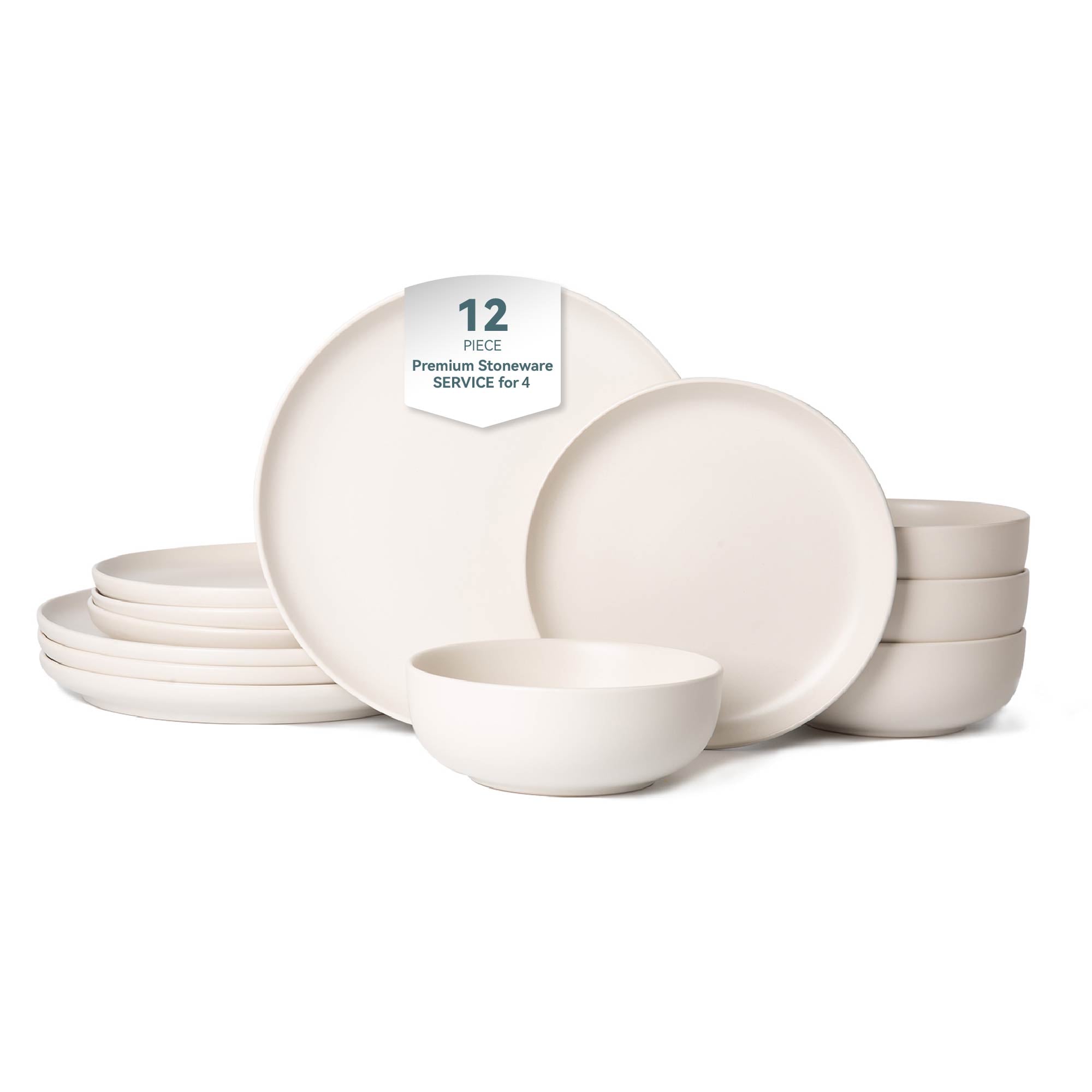 12-Piece Stoneware Dinner Plates Bowls Sets | Microwave & Dishwasher Safe | Non-Toxic Dinner Plates Bowls Set | Stackable Matte Glaze Kitchenware For 4_voghion.com